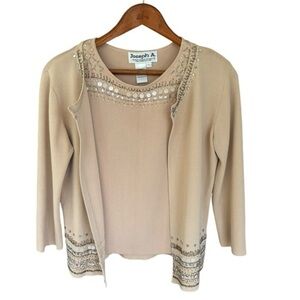 Joseph A. Two Piece Beige Knit Set Size Large Tank & Cardigan Set Beaded Accent